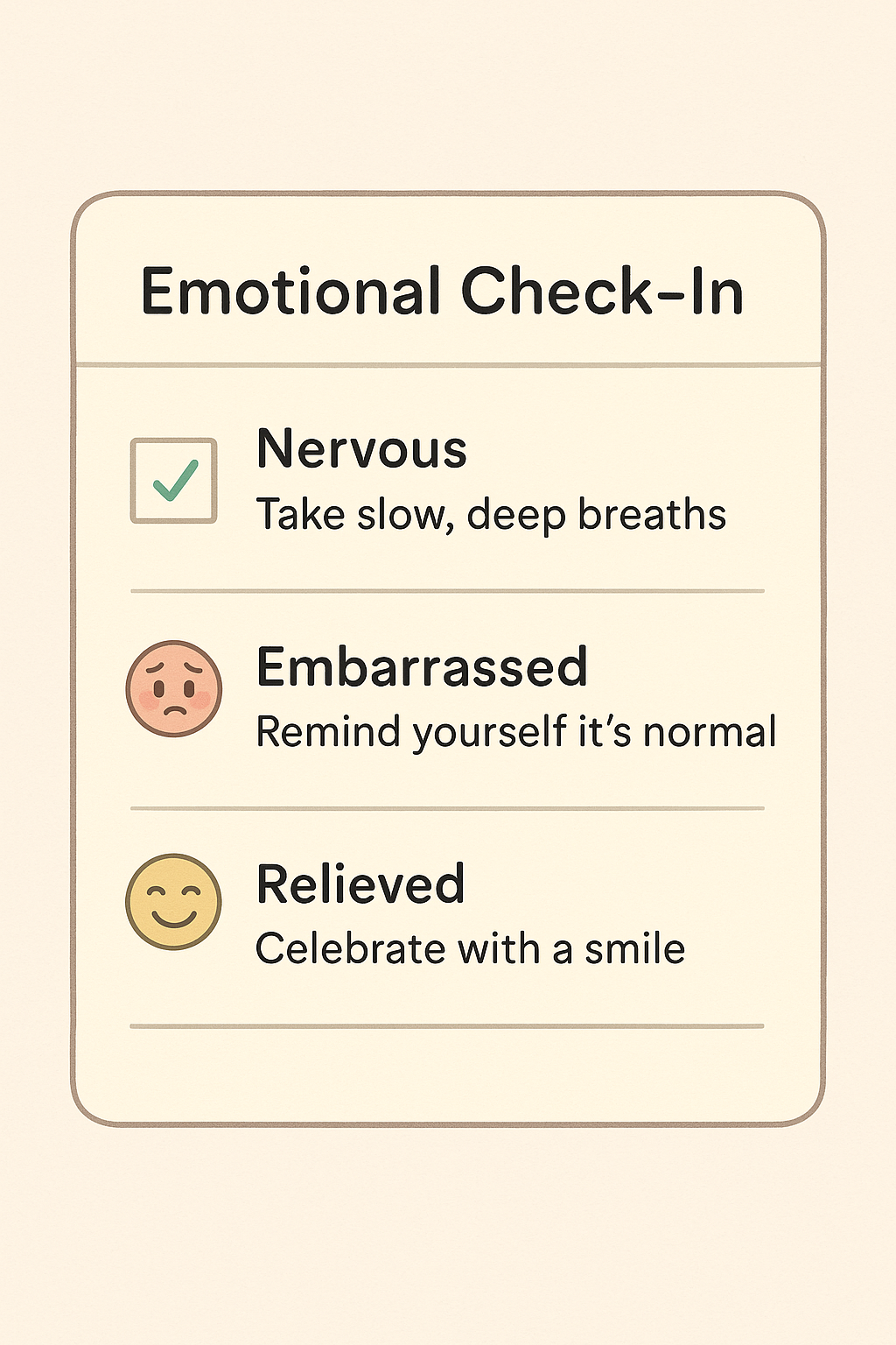 Checklist graphic of emotions to expect—nervous, embarrassed, relieved—each with a brief coping tip.
