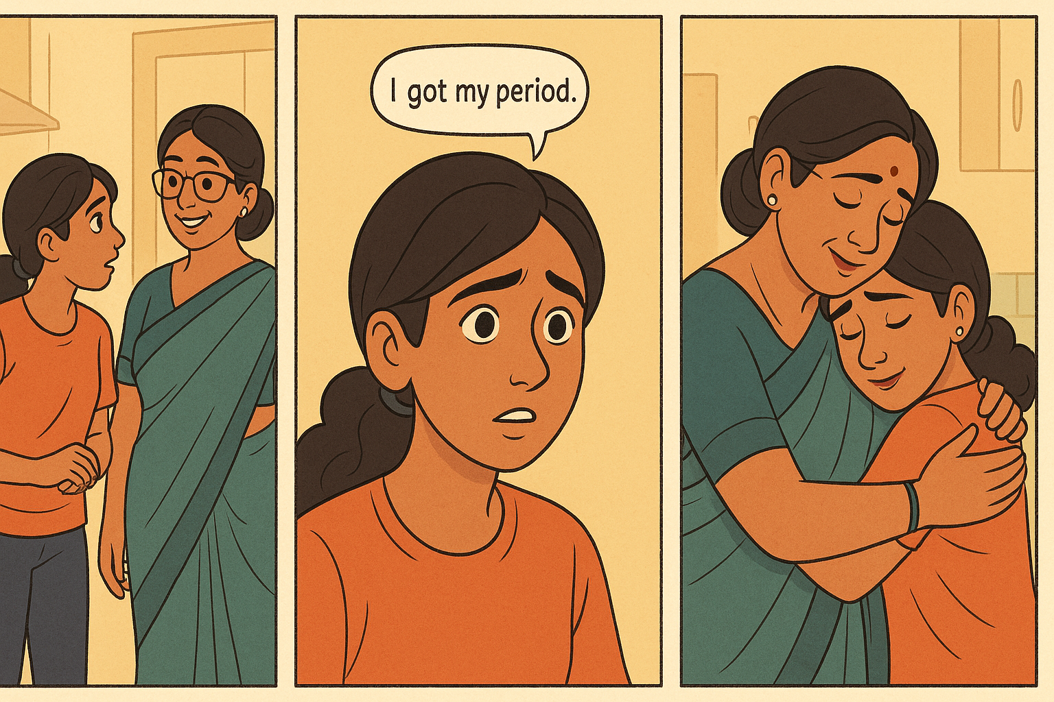 Three‑panel storyboard: daughter nervously approaching her parent in the kitchen, saying “I got my period,” and the parent responding with a supportive hug.