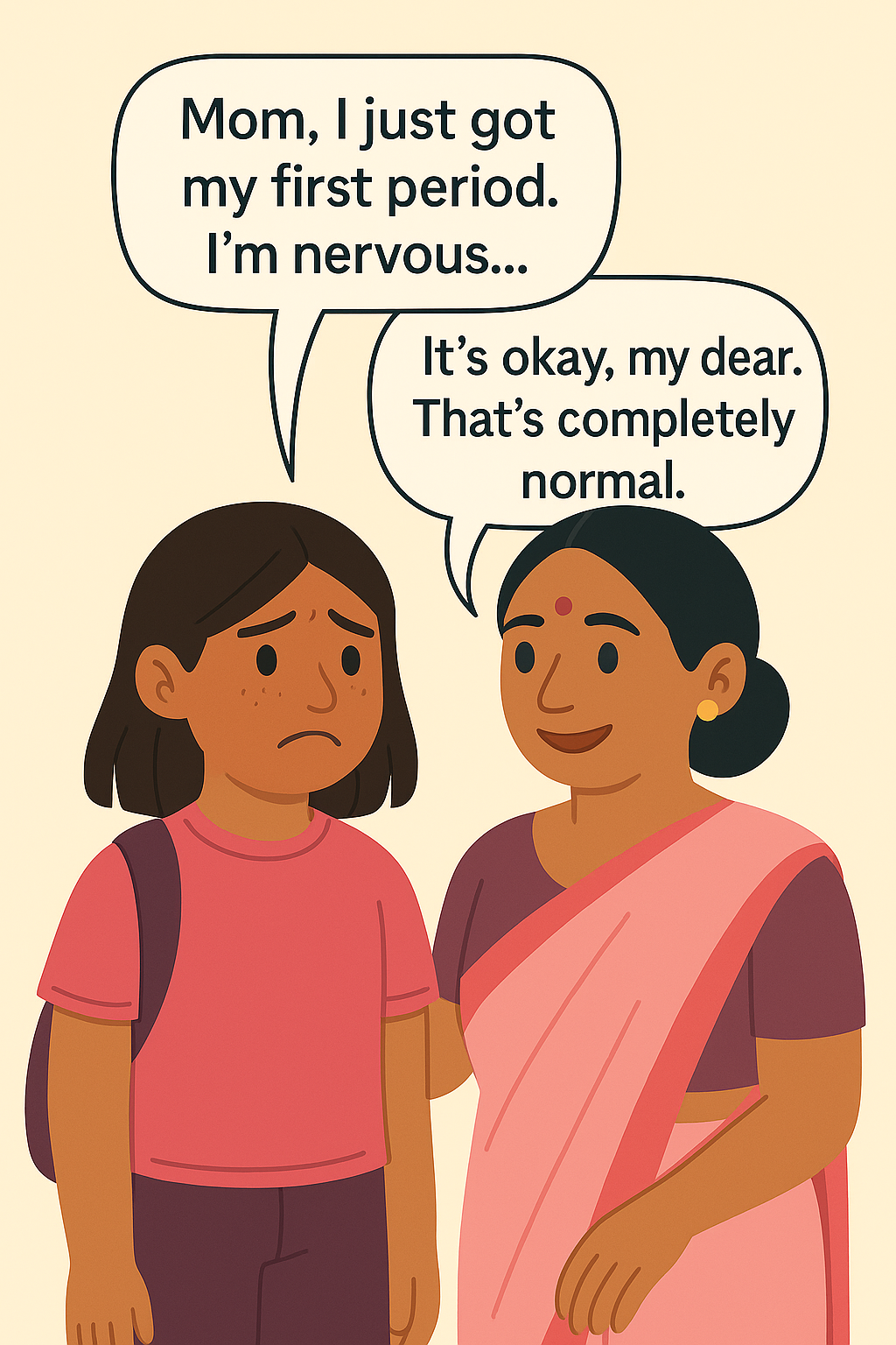 Illustration: A young girl talking to her mother with warmth and understanding.