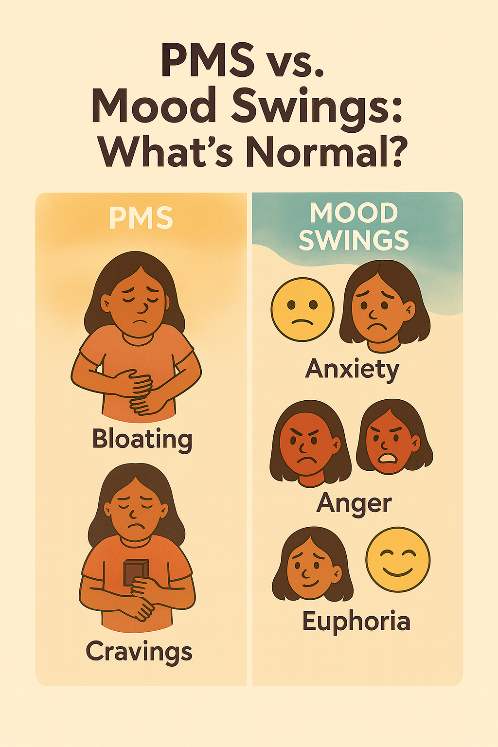 Infographic comparing PMS symptoms and mood swings with icons illustrating cramps, bloating, irritability, sadness, anger, anxiety, and euphoria.
