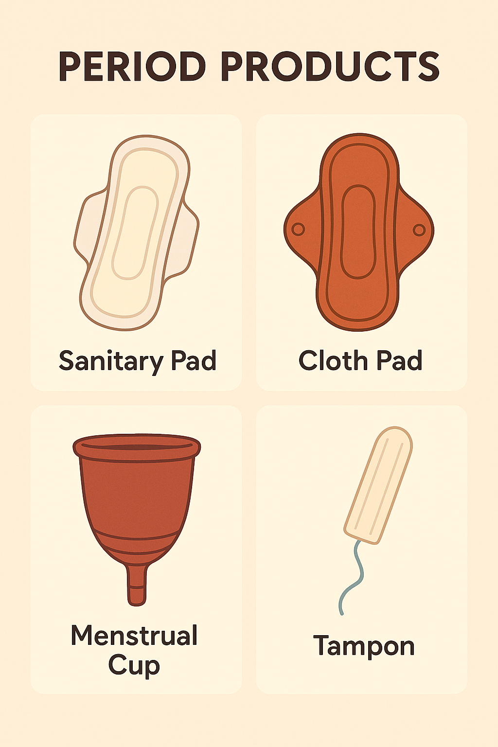 Illustration showing a sanitary pad, cloth pad, menstrual cup, and tampon in a grid, each labeled clearly.