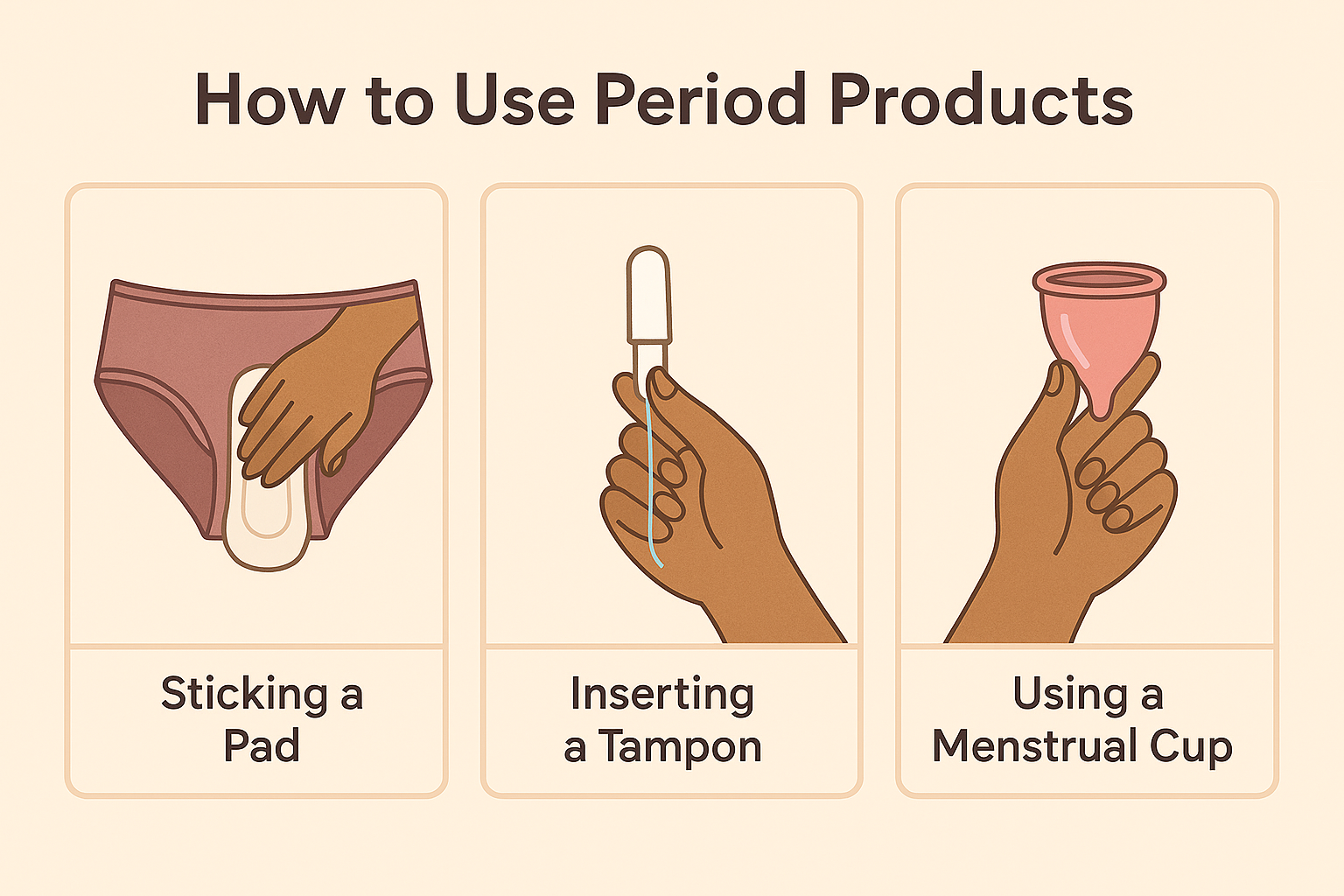 Three‑panel instructional diagram: sticking a pad on underwear, inserting a tampon, and inserting a menstrual cup.