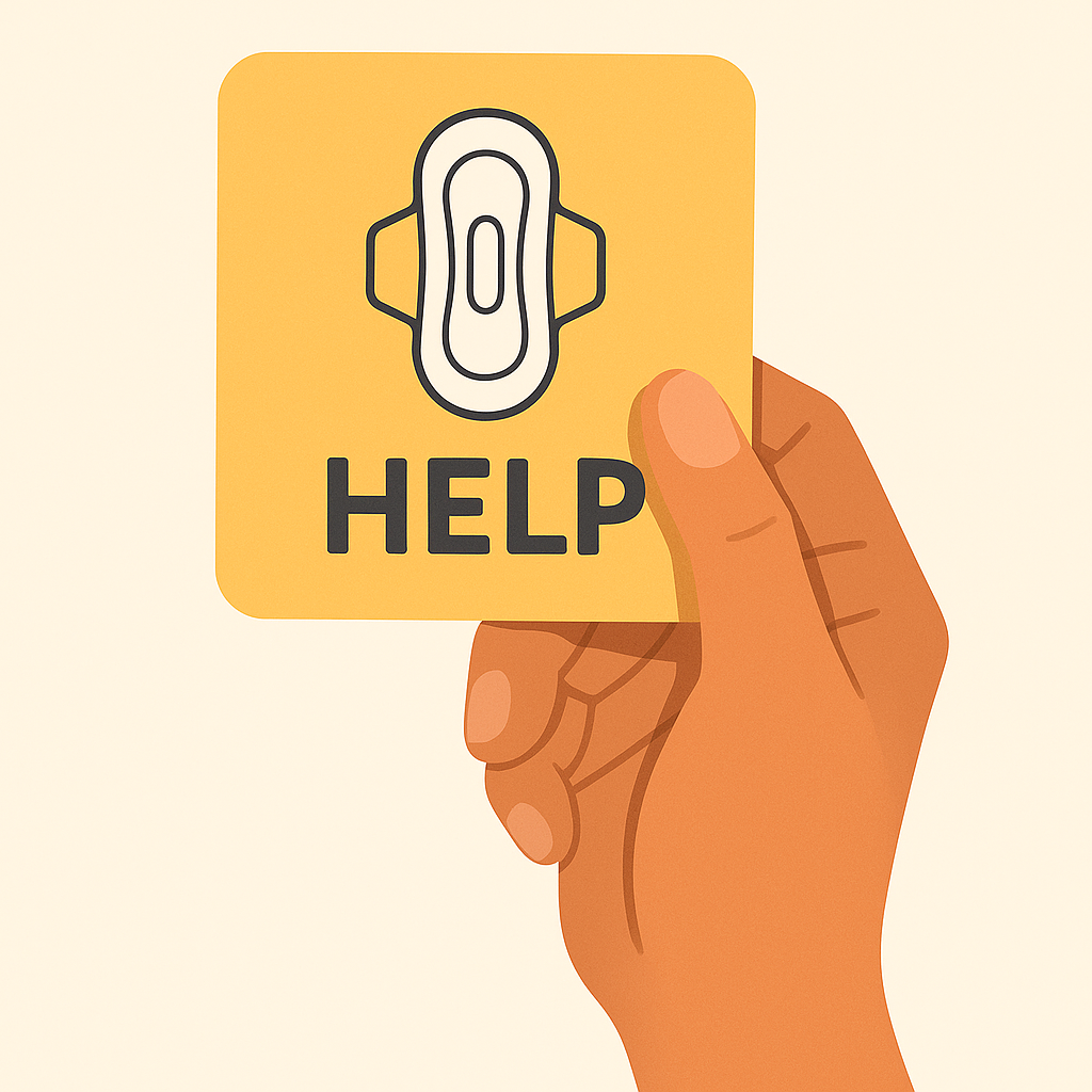 Minimalist illustration of a hand holding a square help card with a sanitary pad icon and ‘HELP’ label.