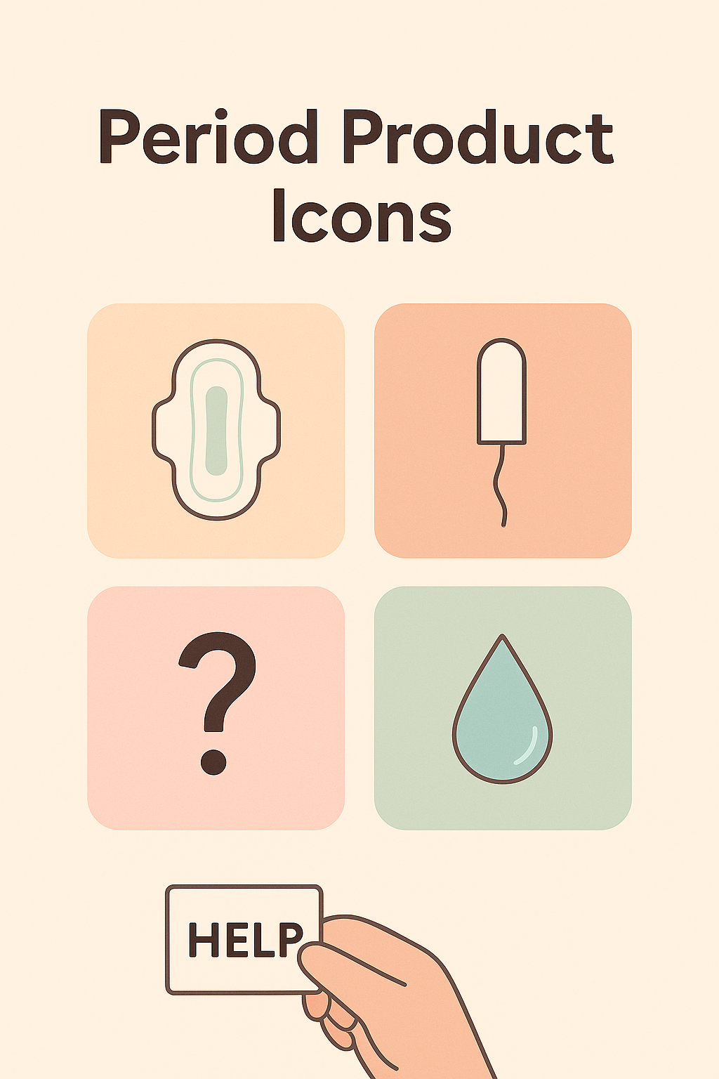 Infographic of four pastel help cards: pad, tampon, question mark, and water drop, arranged in an overlapping fan.