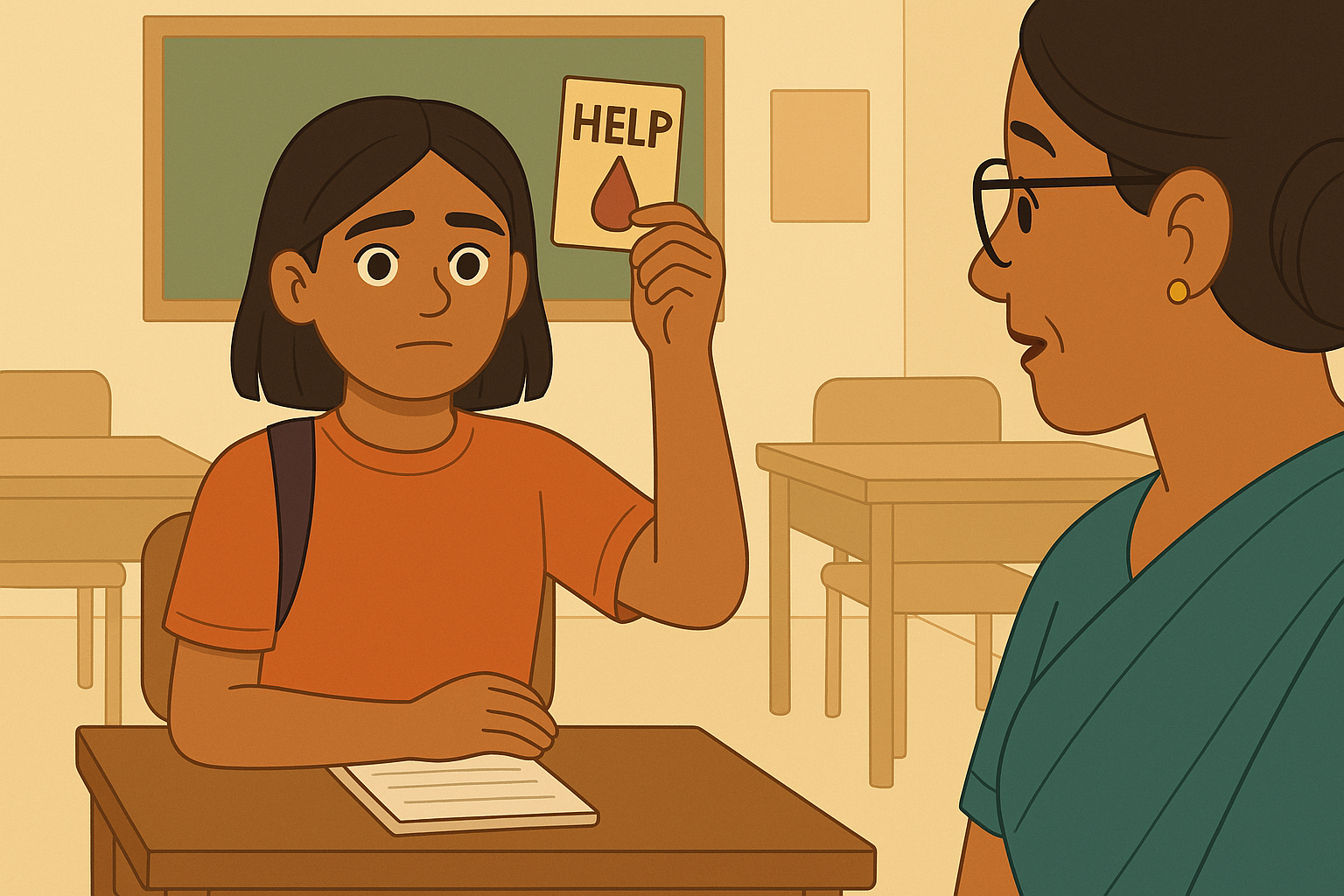 Illustration of a teenage girl in a classroom raising a sanitary‑pad help card to signal her teacher.