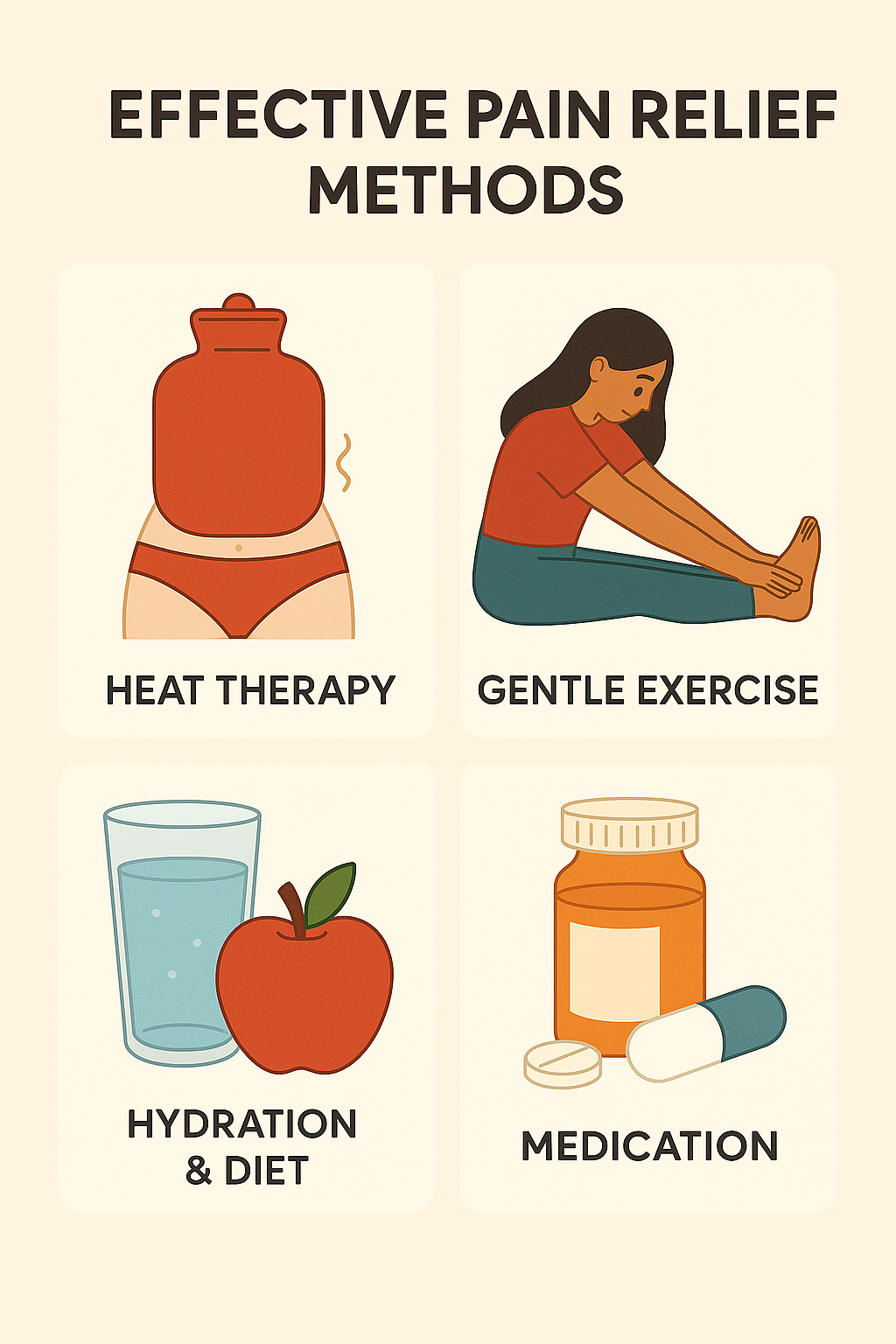 Illustration of three effective period‑pain relief methods: a hot water bottle on the lower abdomen, a gentle yoga stretch pose, and a glass of water with a painkiller pill beside it.