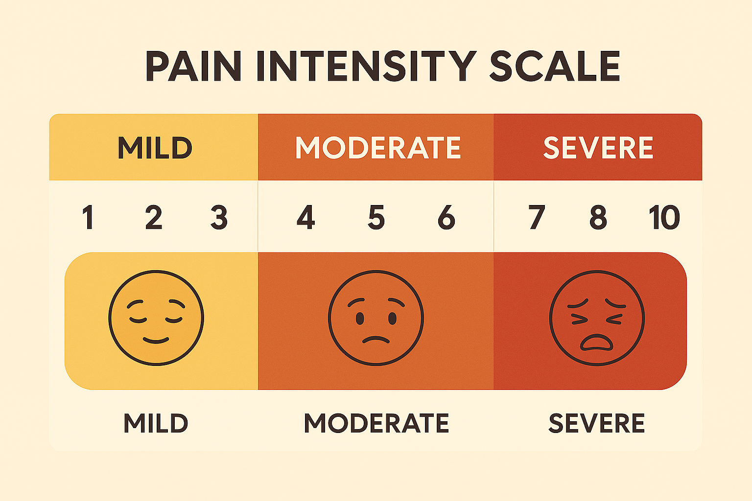 Infographic showing a pain intensity scale from 1 (mild twinge) to 10 (debilitating cramps), with color‑coded segments and simple face icons.