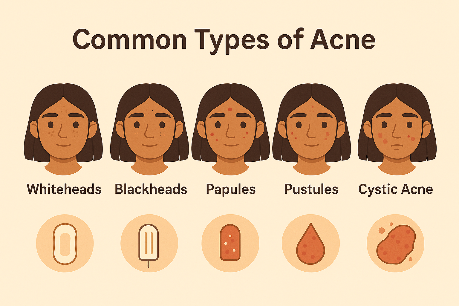 Infographic illustrating common teen acne types: whiteheads, blackheads, papules, pustules, and cystic acne.