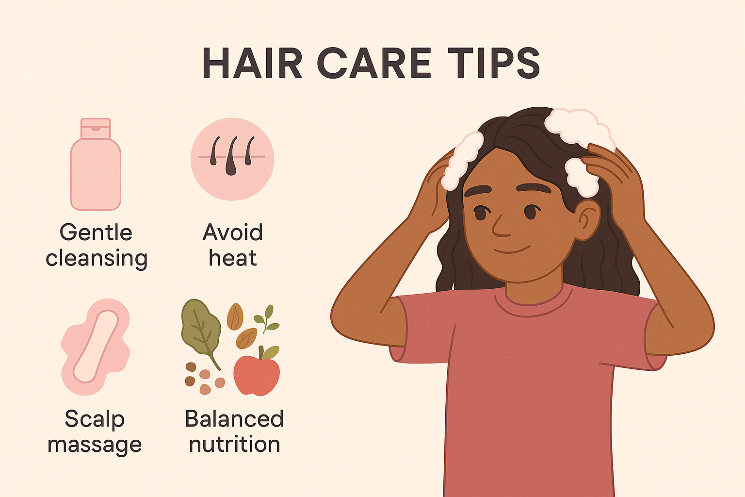 Illustration of four hair‑care tips: gentle cleansing, avoiding heat, scalp massage, and balanced nutrition.