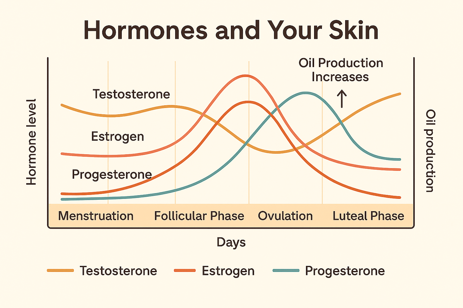 Line graph showing typical testosterone, estrogen, and progesterone levels across the menstrual cycle and their impact on oil production.