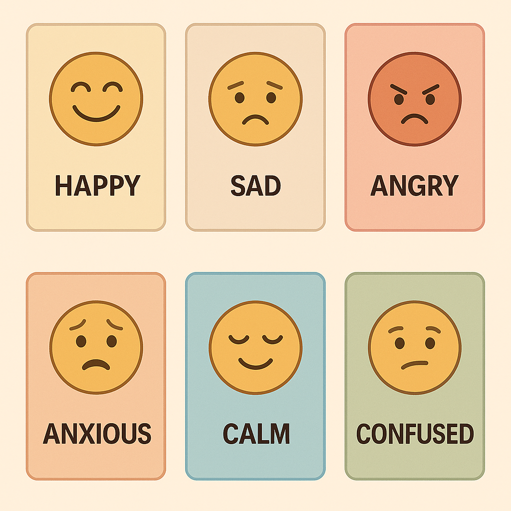 Set of emoji cards for identifying emotions—happy, sad, angry, anxious, and calm—for interactive self‑quiz.