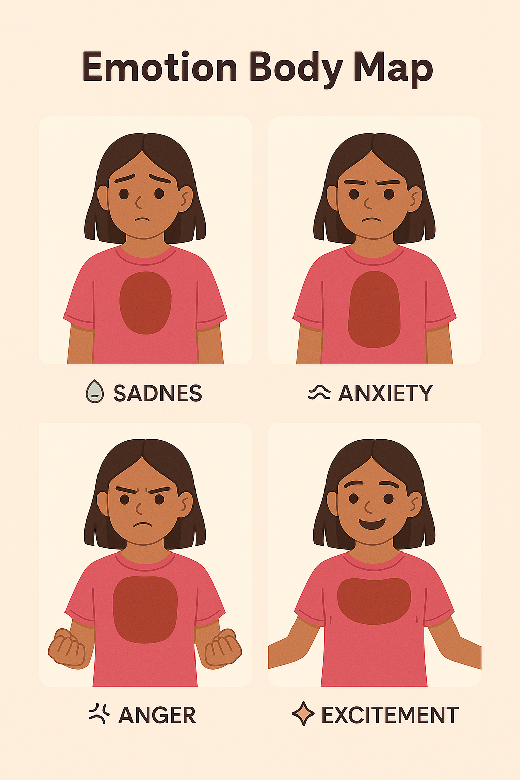Body‑map illustration showing common emotions during puberty—sadness, anxiety, anger, and excitement—mapped to areas like chest, head, and stomach.
