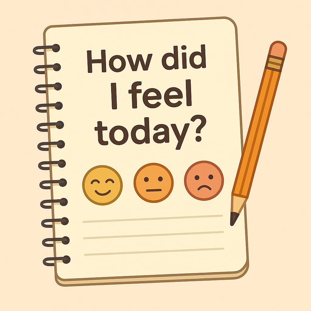 Graphic showing a notebook with prompt “How did I feel today?” accompanied by a pencil and emoticon icons.