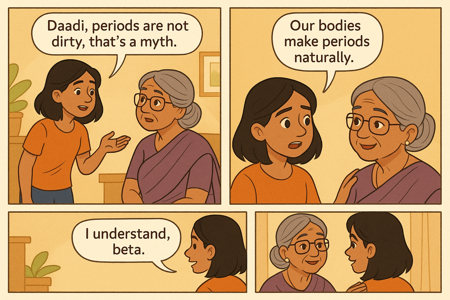 Three‑panel storyboard showing a teen explaining a busted myth to her grandmother, with supportive responses.